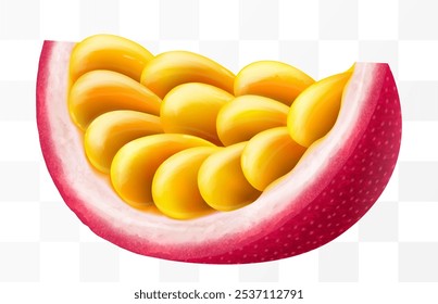 Fresh juicy ripe passion fruit isolated on a transparent background. Slice of passion fruit. Fruit with Seeds. Realistic 3D vector illustration