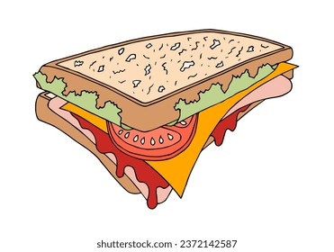 A fresh, juicy sandwich with ham, tomatoes, cheese, lettuce and ketchup.	
