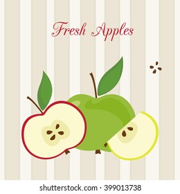Fresh juicy sliced apples. Isolated fruit elements on white and beige striped background.