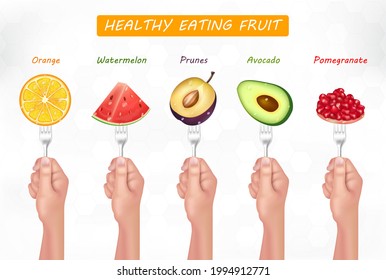 Fresh juicy sliced raw fruits on the forks with hand. Vegetarian and vegan healthy eating concept. Variety of fruit Pomegranate, Prunes, Avocado, Orange, Watermelon. Realistic with 3D vector.