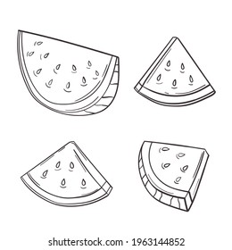 Fresh juicy slises, parts of watermelon fruit in doodle hand drawn style. Set of vector illustrations isolated on white background. 