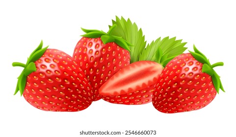 Fresh juicy strawberries isolated on white background. Set of red strawberries, half of strawberry, whole strawberry. Sweet berries icon. Realistic 3d vector illustration