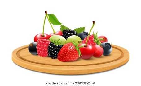 Fresh juicy strawberries, raspberries, gooseberries, currants, blackberries, cherries and blueberries on a round wooden cutting board isolated on white background. Realistic 3d vector illustration