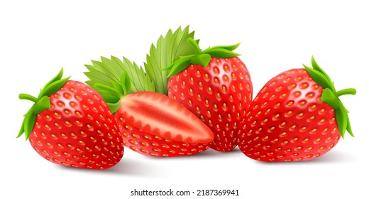 Fresh juicy strawberries. Sweet berries. 3d vector icons set. Realistic illustration, isolated on white background.