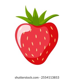 Fresh and juicy strawberry in cartoon style. Red fruit with green leaves. Isolated on a white background.