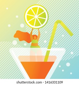 Fresh Juicy Summer Cocktail Vector Illustration. Foreground an Orange Drink in Glass Container with Straw. Girl in Swimsuit Holding Big Slice Lemon. Juicy Fresh Summer Drink Beautiful Glass.