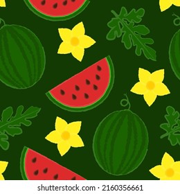Fresh Juicy Summer Seamless Pattern With Watermelons and Watermelon Blossoms. Perfect for Textile, Wrapping Paper etc.