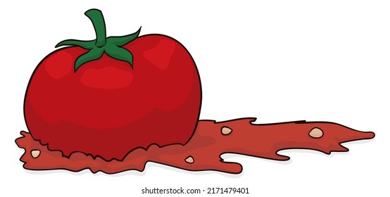 Fresh and juicy tomato busted on the floor. Design in cartoon style over white background.