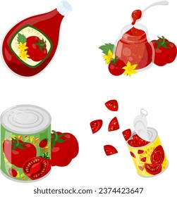 The fresh and juicy tomato icons such as canned food and ketchup and sauce