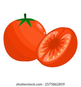 Fresh and juicy tomato with a slice – perfect for healthy food concepts, menus, and organic designs. Vector illustration