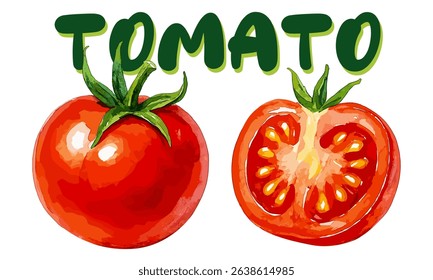Fresh and juicy tomato vector illustration showing whole fruit and cut half with watercolor hand-painted style.