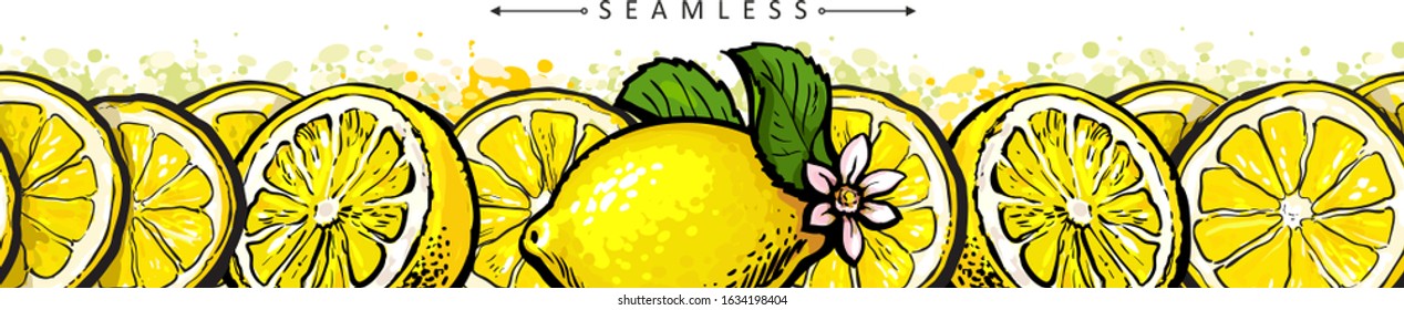 Fresh juicy tropical lemon fruit, seamless border and frame, pattern and background. Seamless panoramic banner with lemon, isolated hand drawn food vector illustration.