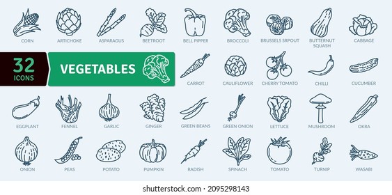 Fresh and Juicy Vegetables Icons. Line icons collection set. Simple vector icons