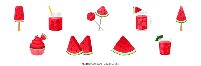 Fresh and Juicy Watermelon Candy, Eskimo and Lemonade Jar Vector Set