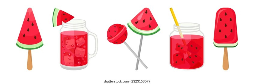 Candy de sandía fresca y jugosa, esquimal y lemonade Jar Vector Set