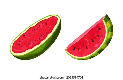 Fresh and Juicy Watermelon Fruit with Red Flesh and Black Seeds Vector Set