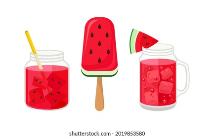 Fresh and Juicy Watermelon Fruity Drink and Ice Cream Vector Set