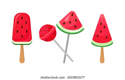 Fresh and Juicy Watermelon Fruity Ice Cream and Candy on Stick Vector Set