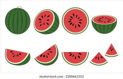 Fresh and juicy watermelon and slices icon, set