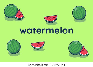 Fresh and Juicy Watermelon and Slices isolated on Green Background with Small Bite. Flat illustration.