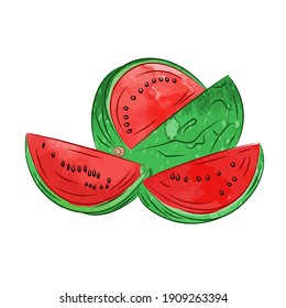 Fresh and juicy watermelon and slices in watercolor. watercolor Watermelon vector. Summer food concept