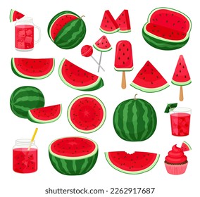 Fresh and juicy watermelon whole and slices set. Tasty desserts made of watermelon vector illustration
