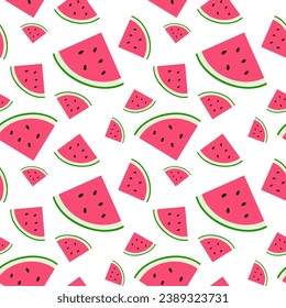 Fresh and juicy watermelons slices. Seamless pattern on white background.