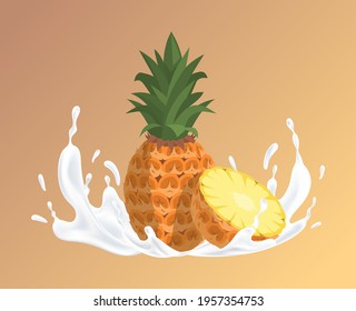 Fresh juicy whole and half sliced pineapple and splash of white liquid cartoon illustration isolated on yellow background. Natural organic cosmetic, yogurt based on tropical fruits vector concept.