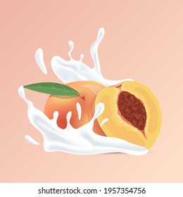 Fresh juicy whole and half sliced peach and splash of white liquid cartoon illustration isolated on peach background. Natural yogurt, cosmetic product based on tropical fruits vector concept.