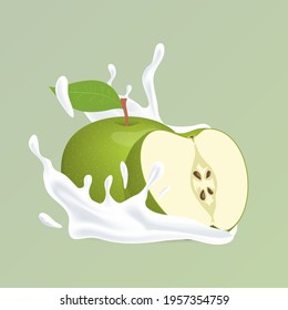 Fresh juicy whole and half sliced apple and splash of white liquid cartoon illustration isolated on green background. Yogurt, organic skincare cosmetics based on fruits vector concept.