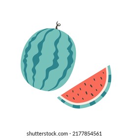 Fresh and juicy whole watermelon with slice. Summer berry. Healthy food. Vector illustration in flat style