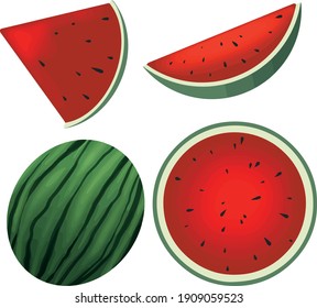 Fresh and juicy whole watermelons and slices. Signs vector set of colorful half, slice and whole of juice . Fresh cartoon berry isolated on white background.