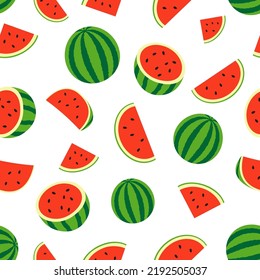 Fresh and juicy whole watermelons and slices. Seamless pattern on white background.