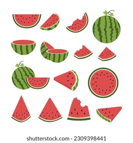 Fresh and juicy whole watermelons and slices illustration. Cartoon fresh green open watermelon. Cartoon fresh green open watermelon half, bites, slices, and triangles.