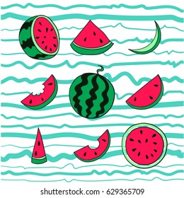 Fresh and juicy whole watermelons and slices on striped blue background