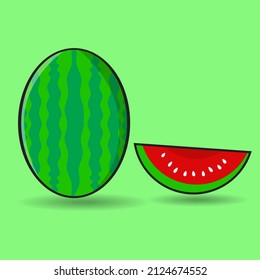 Fresh and juicy whole watermelons and slices.Healthy vegetarian food. Cartoon stickers in comic style. Decorations for greeting cards, posters, patches, prints for clothing, emblems