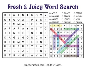 Puzzle de recherche de mots frais et juteux avec des fruits. Cette Image propose la recherche de mots, puzzle, fruits, pomme, banane.