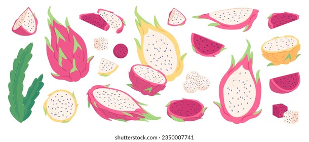 Fresh juicy yellow and red dragon fruit cubes and balls, ripe pitaya slices. Exotic cactus fruits, summer healthy organic food, vegetarian diet, whole and half dragon fruit vector set