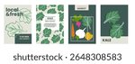 Fresh kale illustration. Simple posters with leafy greens for farmers market advertising. Vector templates with copyspace. Set of harvested food in minimal hand drawn and flat style.