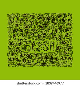 Fresh Kitchen Doodle background. Vector background kitchen cafe: Cooking food, fresh lettering in a circle of lemon, lime and mint leaves. kitchen utensils, beautiful wall design linear art. Pattern