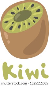 Fresh kiwi fruit half isolated on white. Vector illustration of kiwi part colorful element with brown skin, green color inside with little black seeds and light center. Isolated cartoon fresh kiwi