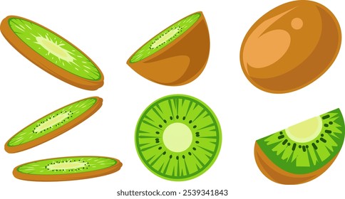 Ilustrações de frutas de Kiwi frescas em vários cortes