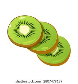 Fresh Kiwi Fruit Slices Vector Illustration, Three Juicy Green Kiwi Slices Isolated on White Background, Organic Tropical Fruit Clipart.
