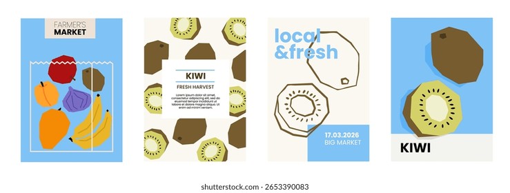 Fresh kiwi illustration. Simple posters with organic fruits for farmers market advertising. Vector templates with copyspace. Set of harvested tropical food in minimal hand drawn and flat style. 