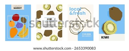 Fresh kiwi illustration. Simple posters with organic fruits for farmers market advertising. Vector templates with copyspace. Set of harvested tropical food in minimal hand drawn and flat style. 
