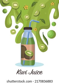 Fresh kiwi juice in a glass bottle concept. Kiwi drops on juice splash and ripple