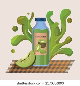 Fresh kiwi juice in a glass bottle concept. Kiwi drops on juice splash and ripple