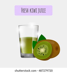 Fresh kiwi juice. Vector, eps10. Realistic glass of a juice. Smoothie illustration. Healthy fruit juice isolated. Vegetarian Smoothie. Healthy drink.