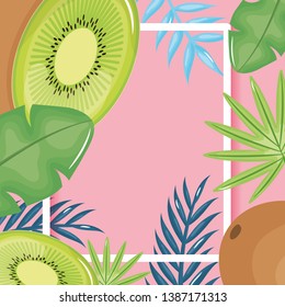 fresh kiwi with leafs palms square frame
