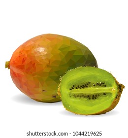 Fresh kiwi, nutritious and tasty mango. Symbols of fruits. Elements for label design. Vector illustration. Fruits ingredients in triangulation technique. Mango and kiwi low poly.